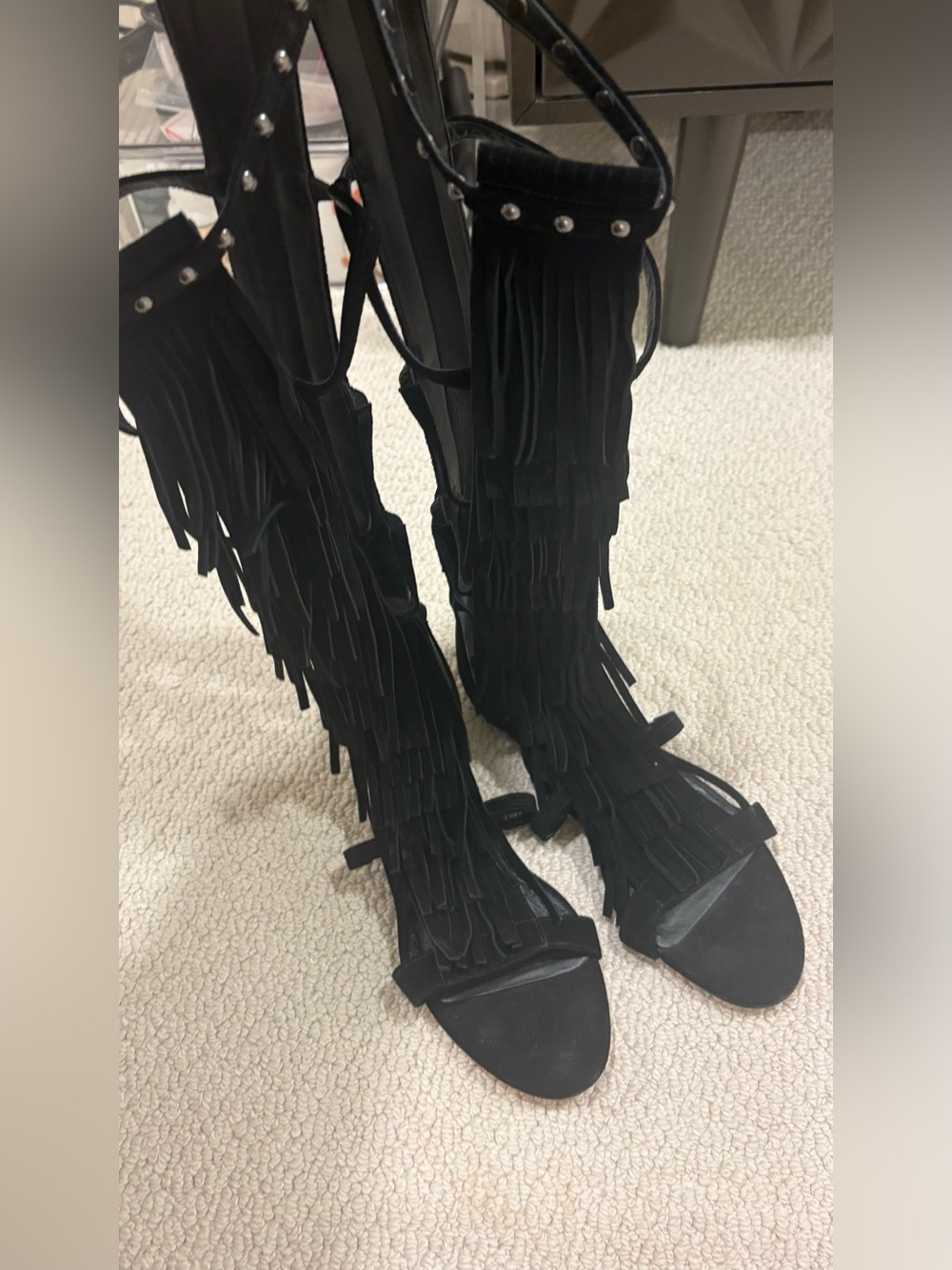 Alice + Olivia Black Fringe Knee-High Open-Toe Boots